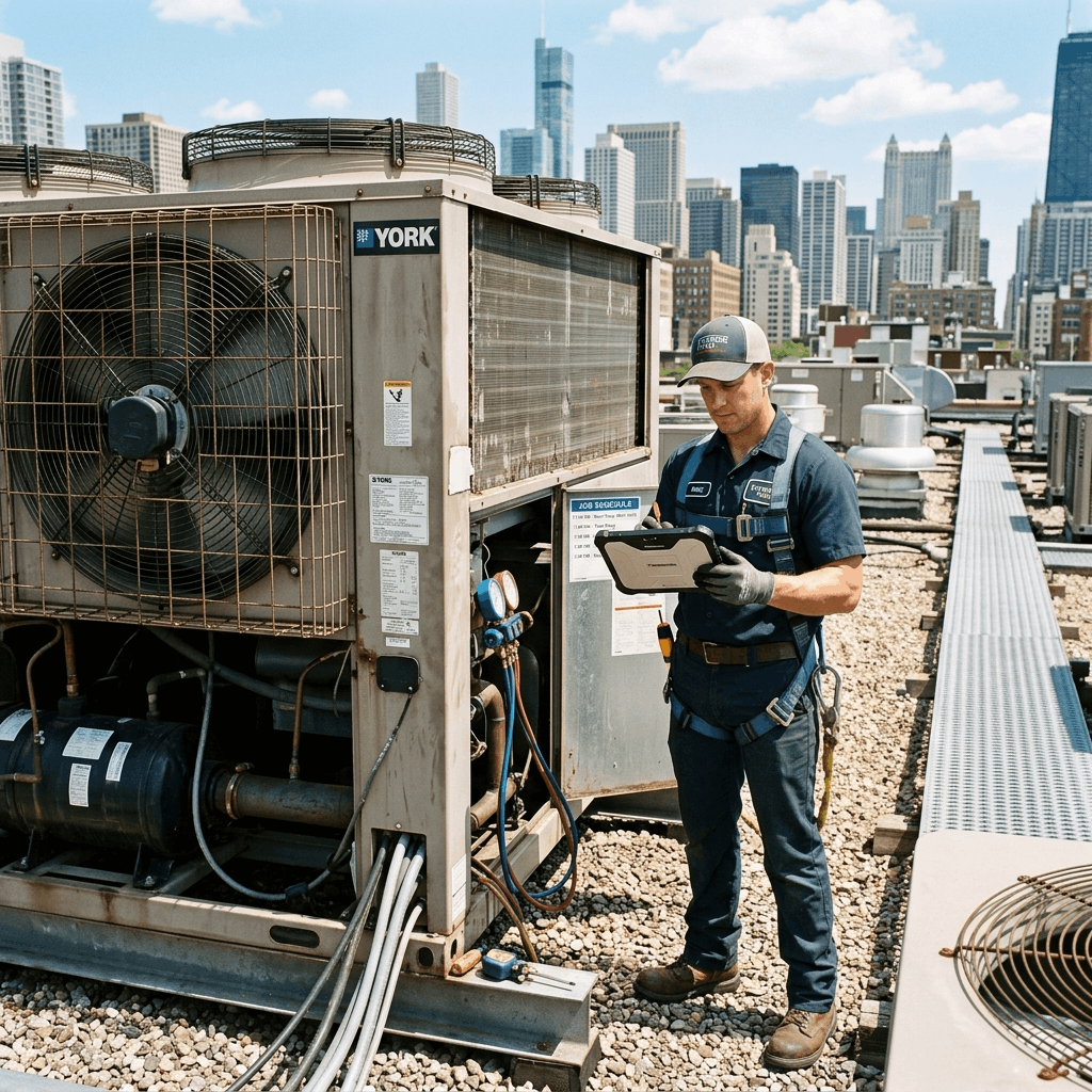 An AC repair technician on a rooftop working on an industrial air conditioning unit, checking a digital schedule on a rugged tablet