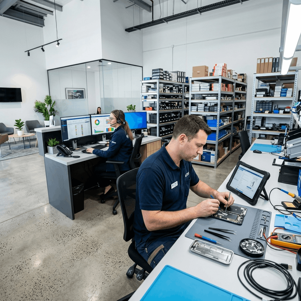After-sales service centre with technician and coordinator managing service tickets on CRM