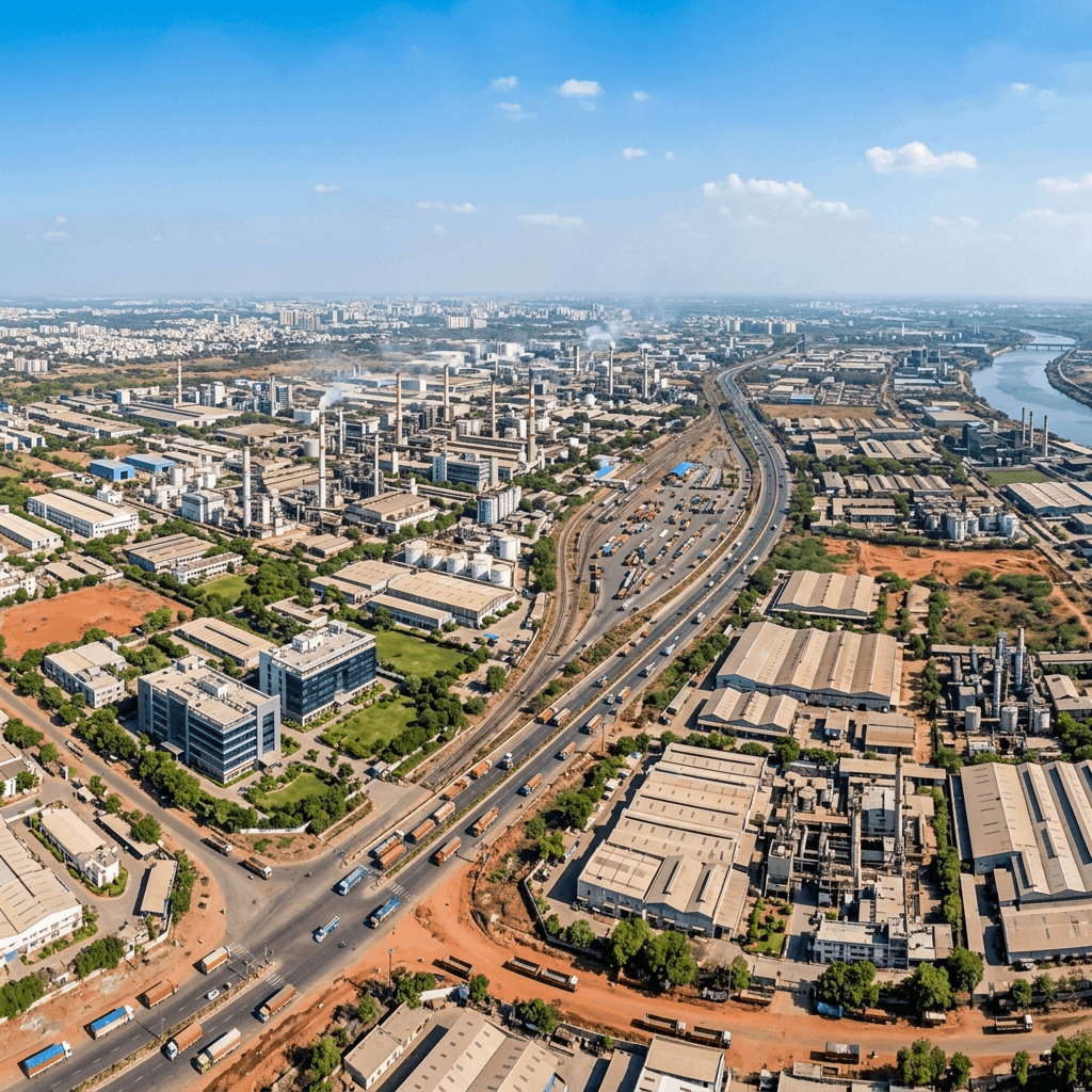 Aerial panoramic view of the Ahmedabad industrial estate showing modern manufacturing plants and factories