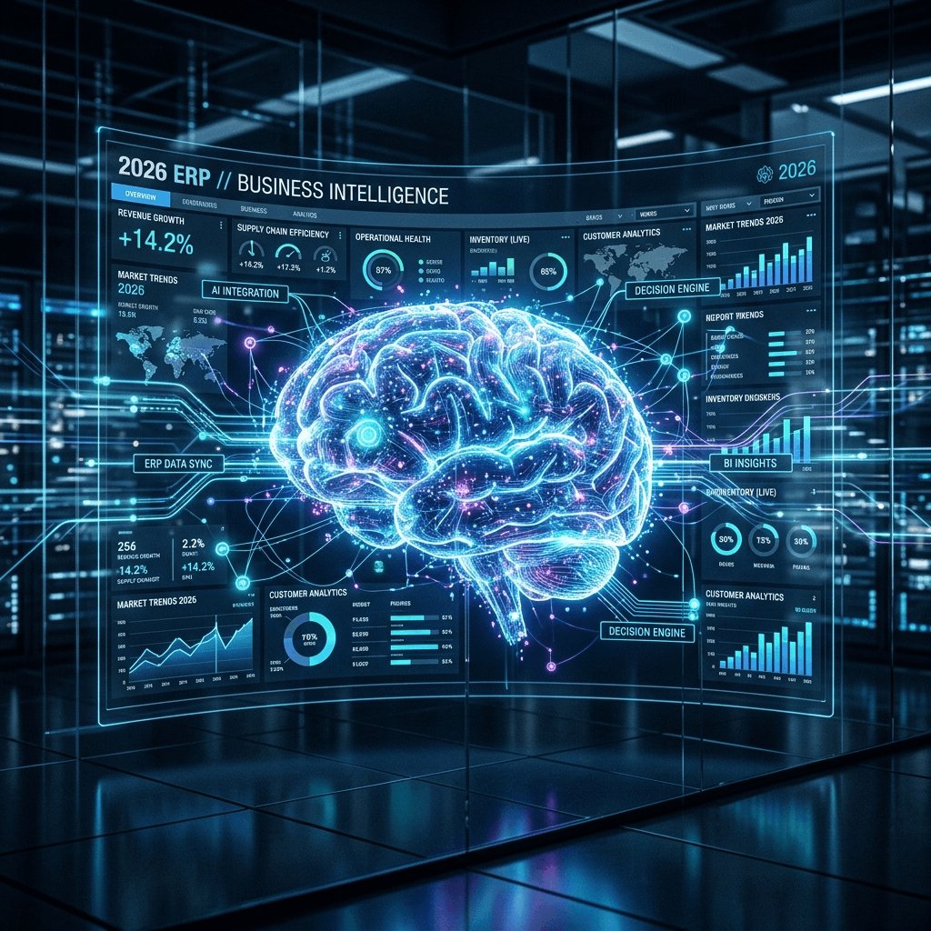 A futuristic glowing digital brain integrating with a highly advanced 2026 ERP and business intelligence dashboard