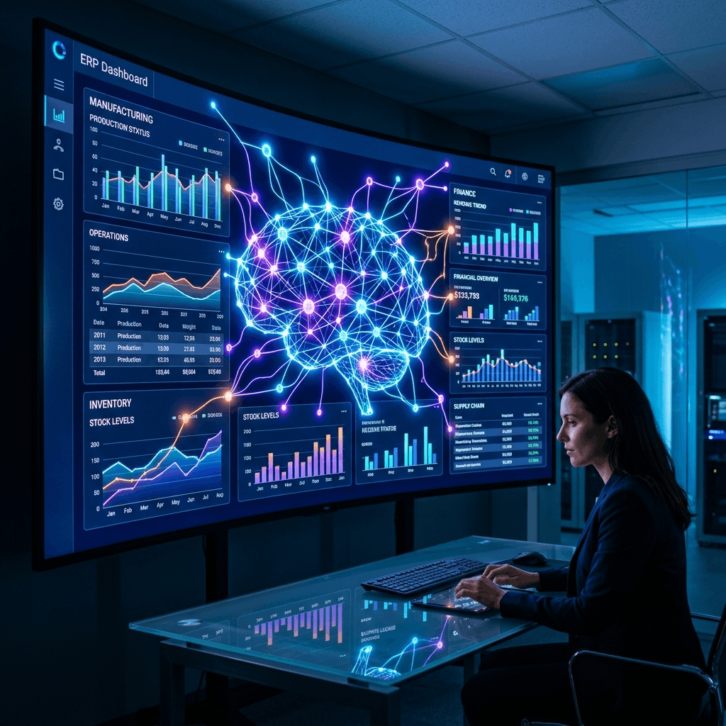 AI neural network overlaying ERP dashboard with glowing modules