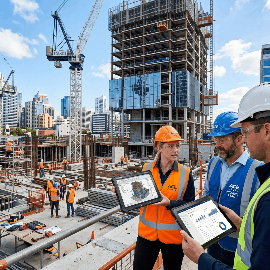 Architects and project managers reviewing construction plans on a digital enterprise platform