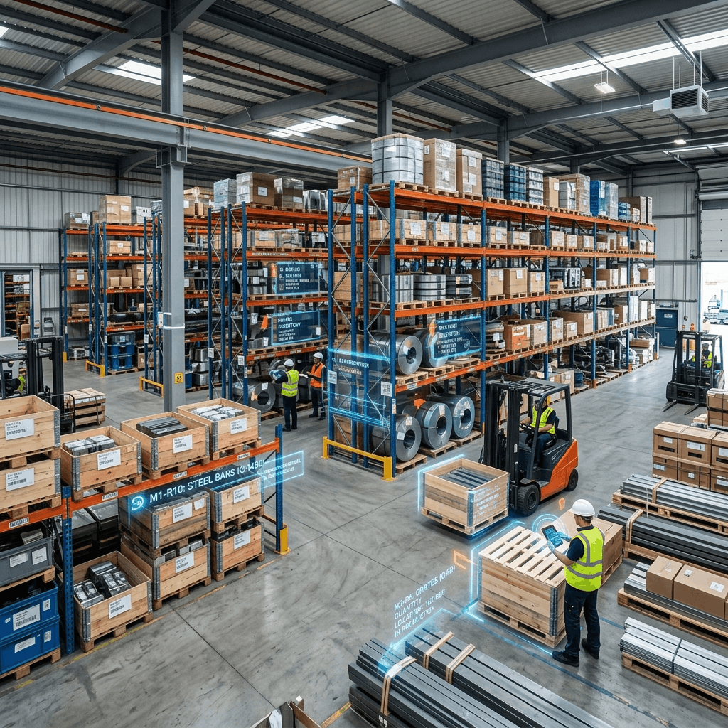 Industrial warehouse showcasing raw materials and work-in-progress inventory management