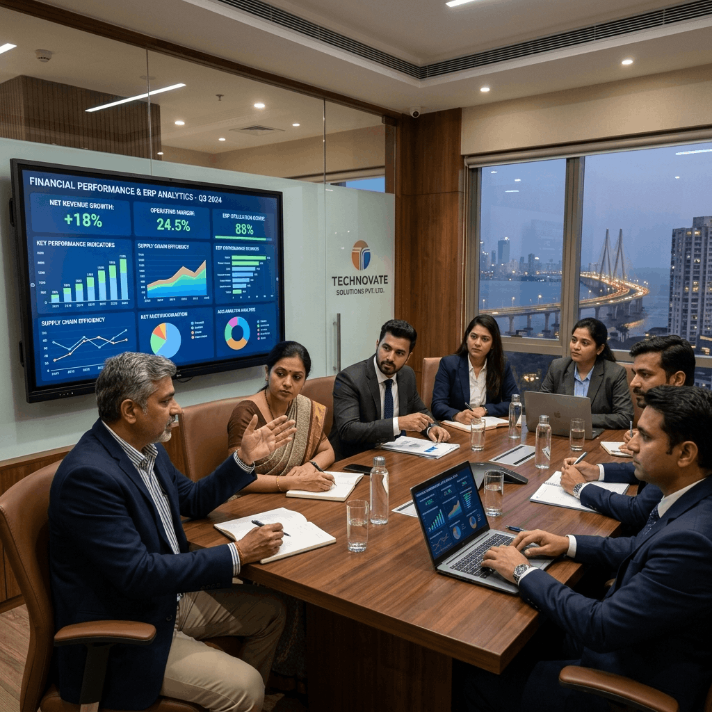 Business professionals evaluating ERP software choices on digital dashboards