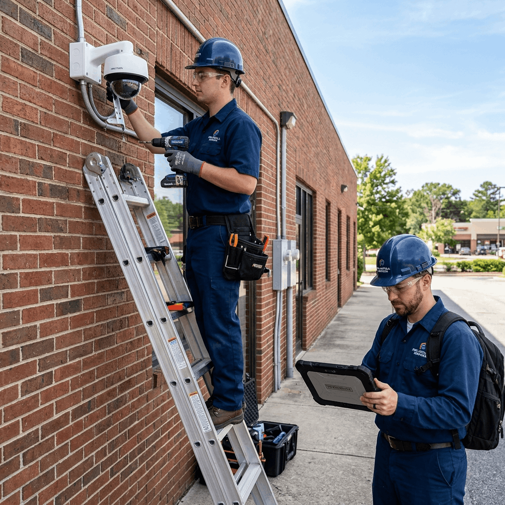 A technician on a ladder installing a modern CCTV camera on a brick wall, with a CRM dashboard visible on a tablet below