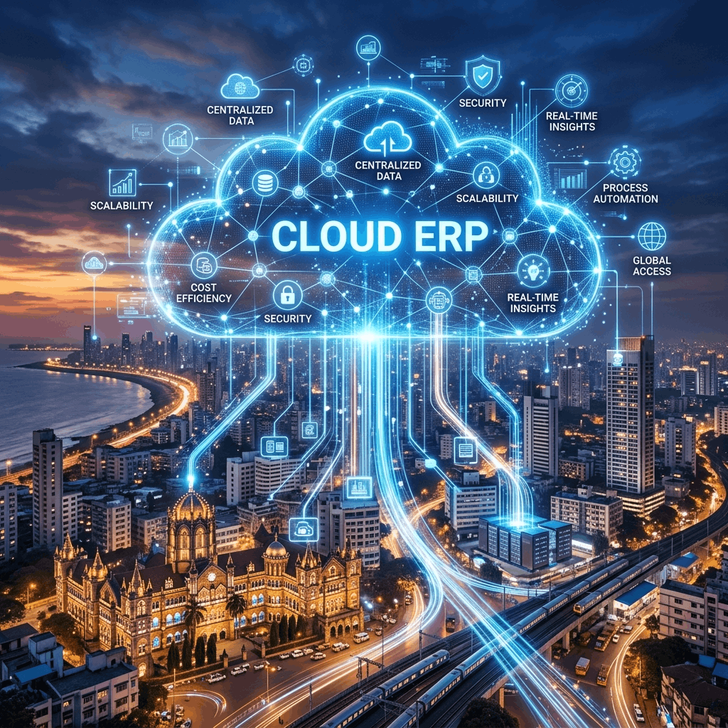 Business executive using a mobile tablet to access real-time ERP cloud data