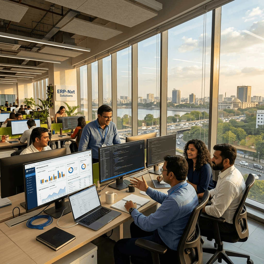 Cloud ERP software team in a modern Ahmedabad tech office with ERP dashboards on large screens