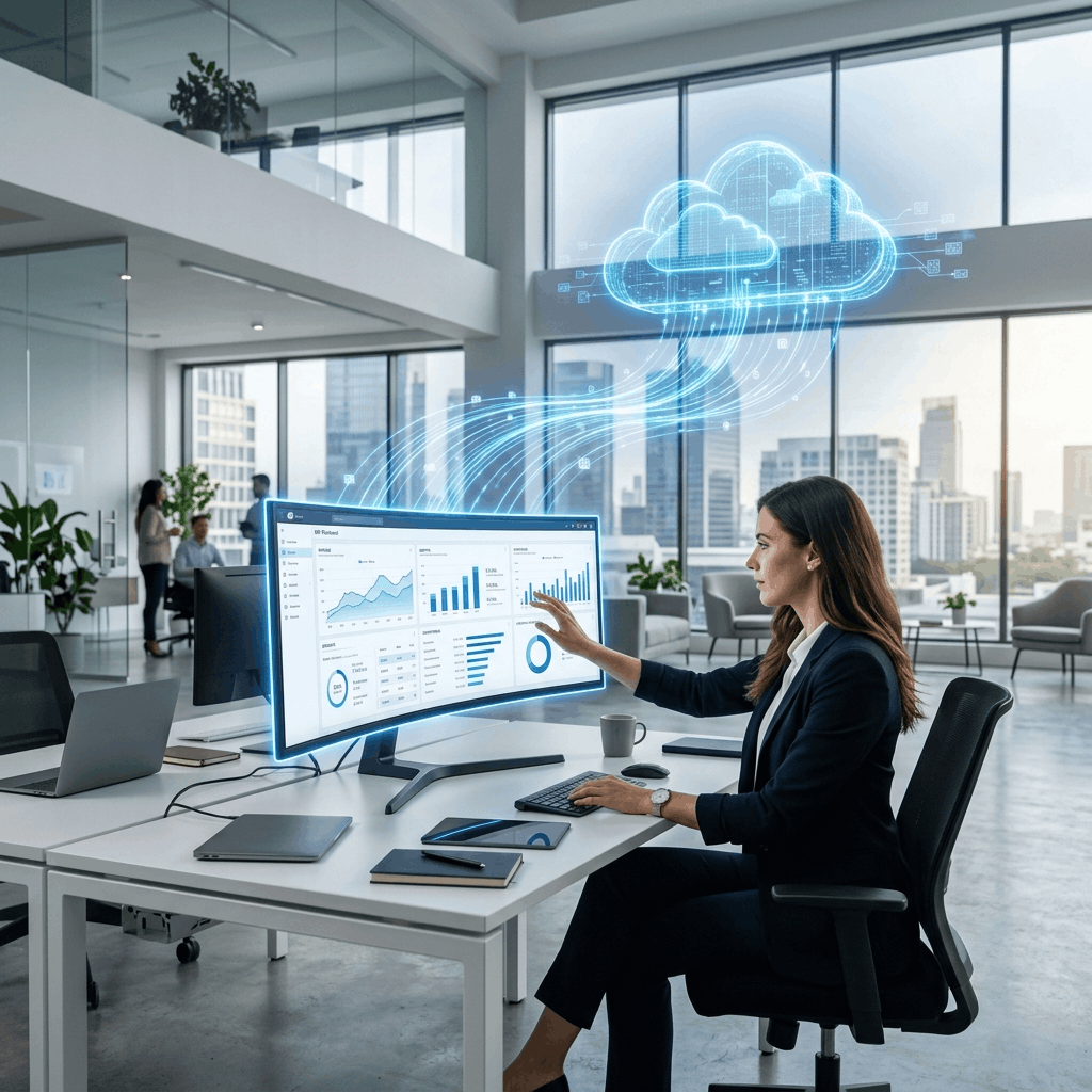 Modern CEO and executive team analyzing real-time business performance on a large digital ERP dashboard