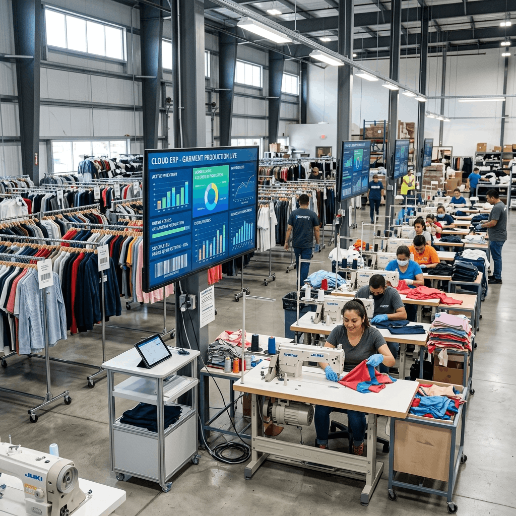 Glowing cloud icon floating above a busy textile and garment manufacturing floor