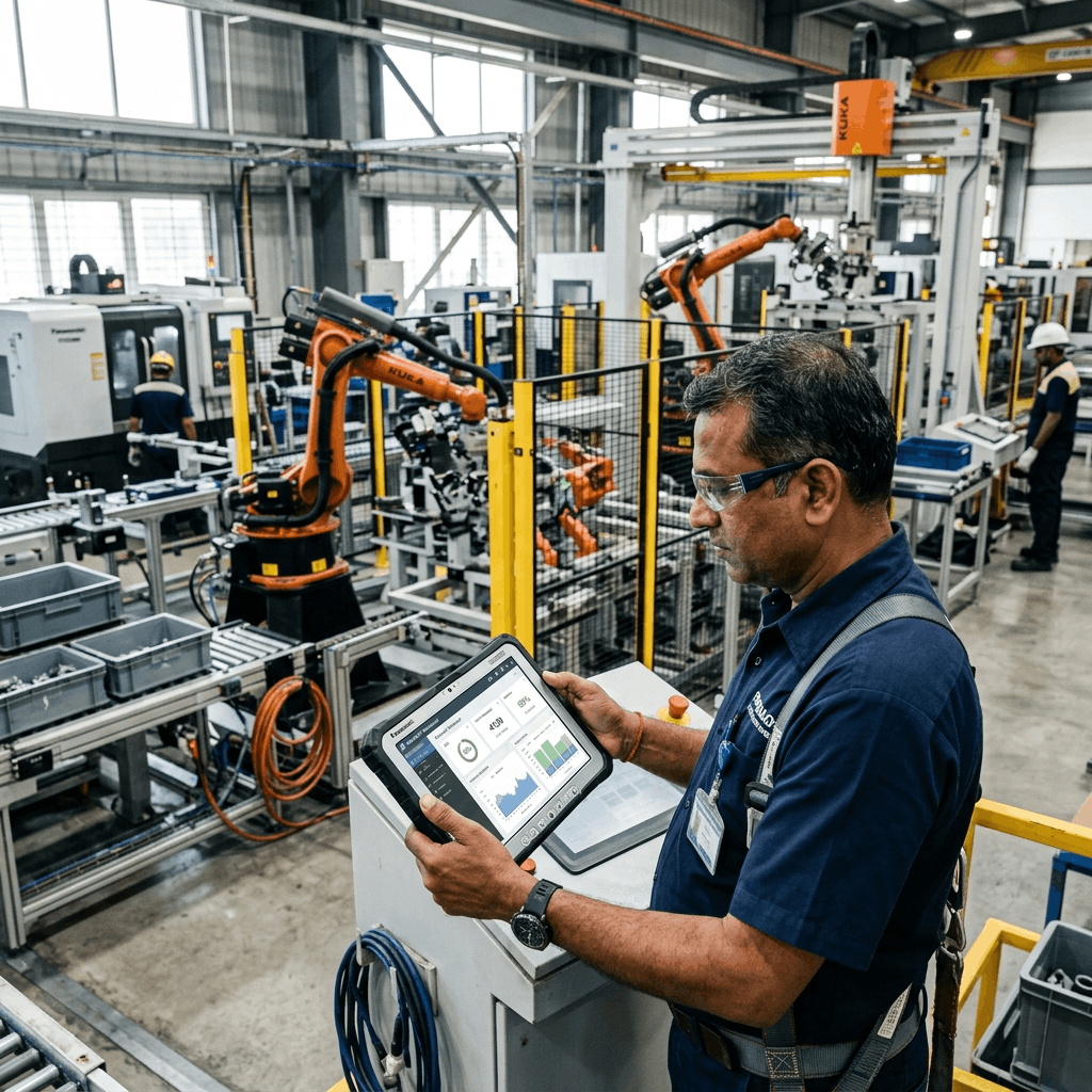 Indian factory manager looking at a cloud ERP dashboard on a rugged tablet with modern manufacturing equipment in background