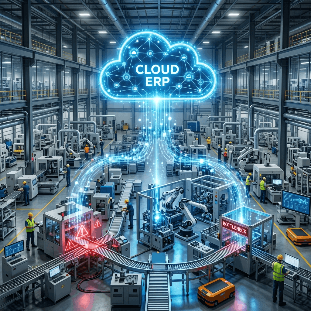 Cloud network symbol connecting multiple manufacturing processes on a high-tech factory floor
