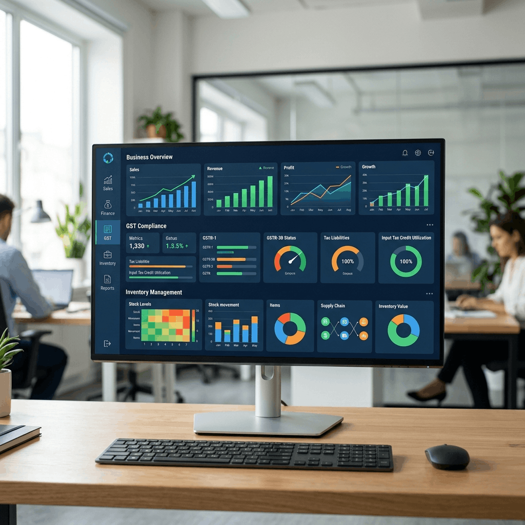 Modern Indian office with Cloud ERP dashboard showing real-time analytics