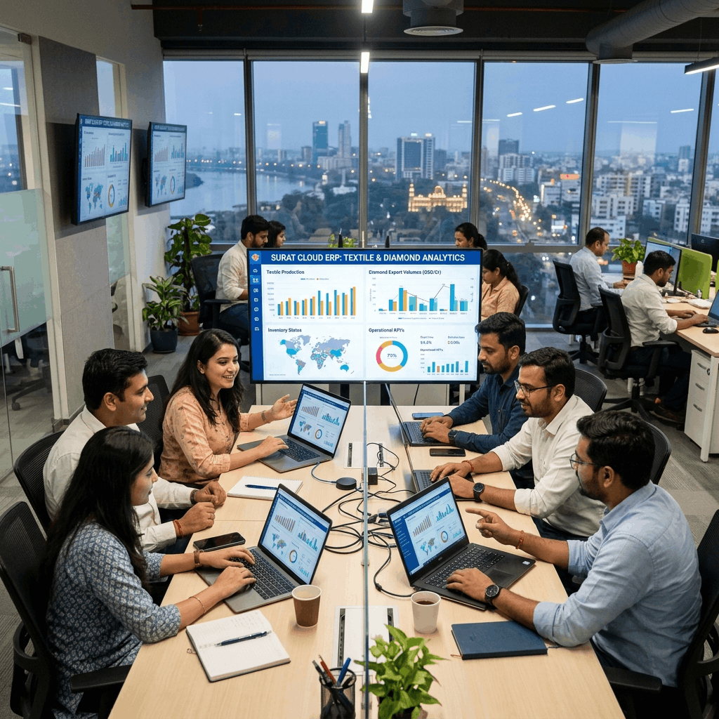 Cloud ERP software professionals in a modern Surat tech office with textile and diamond industry dashboards