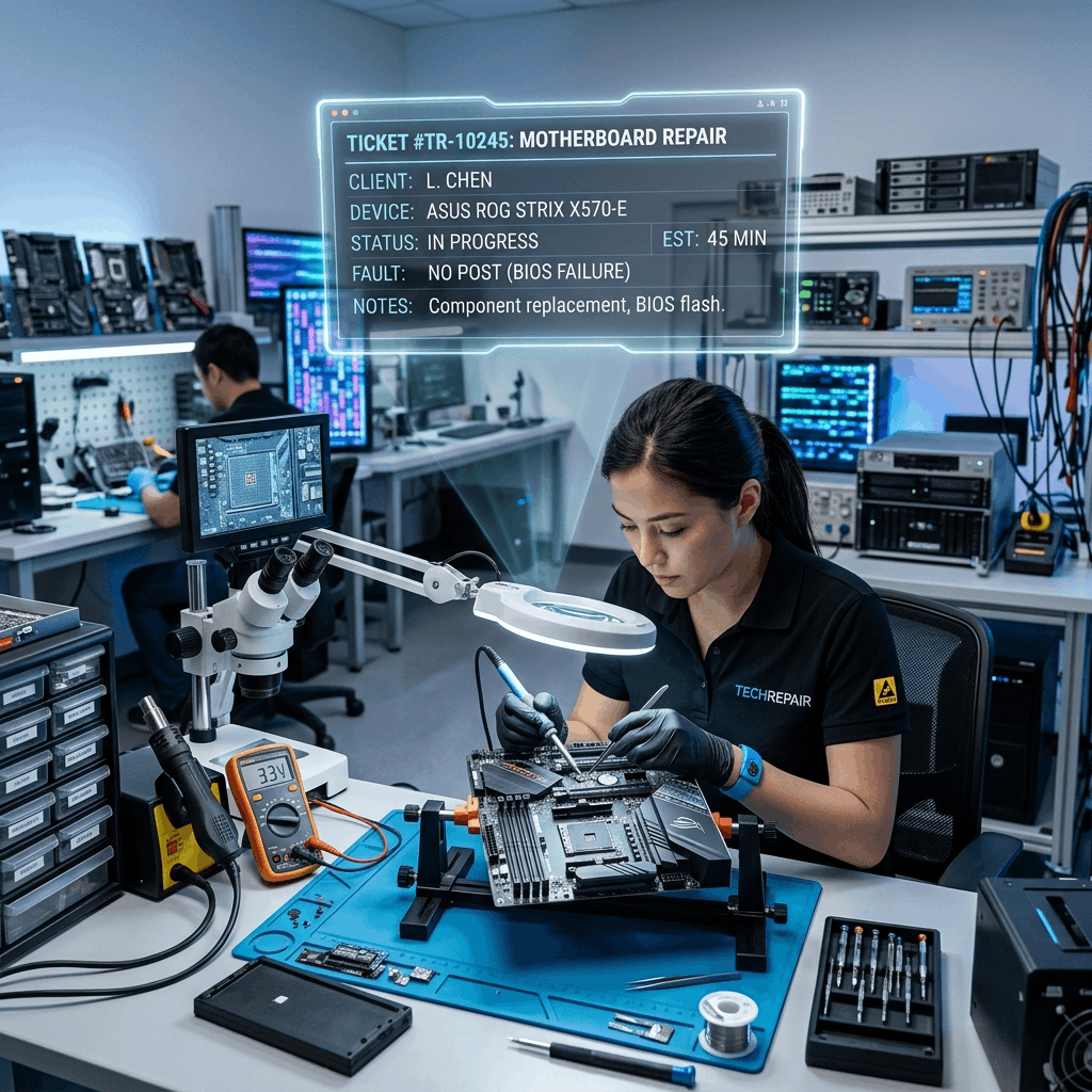 A technician repairing a motherboard in a high-tech lab while a glowing digital SLA ticketing system hovers above the workbench