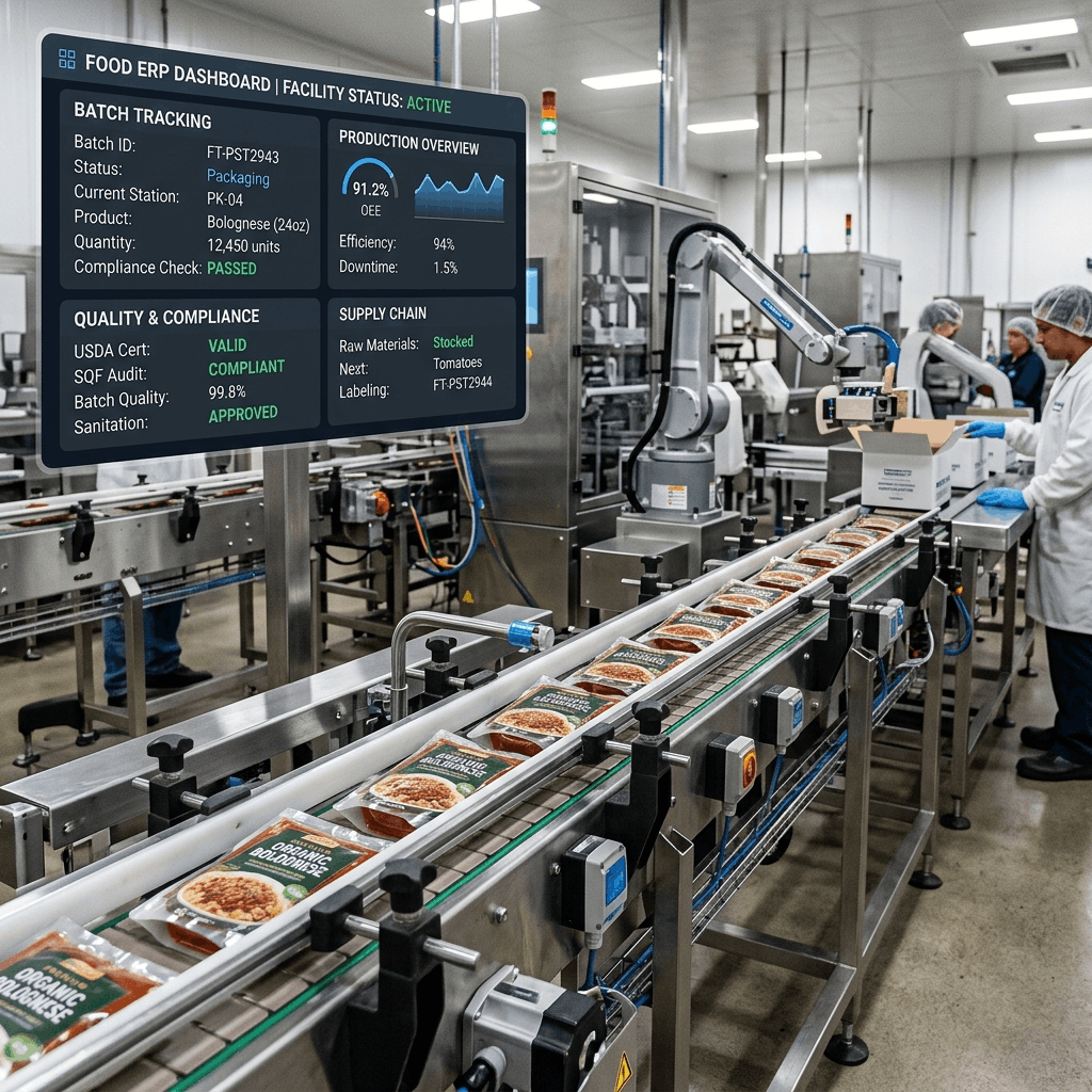 Modern food supply chain logistics center with advanced digital ERP tracking capabilities