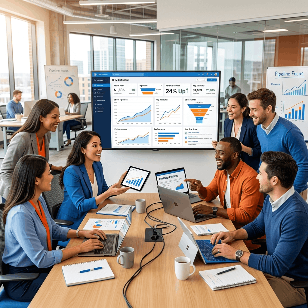 Sales professional reviewing a digital CRM dashboard showing lead conversions and customer data