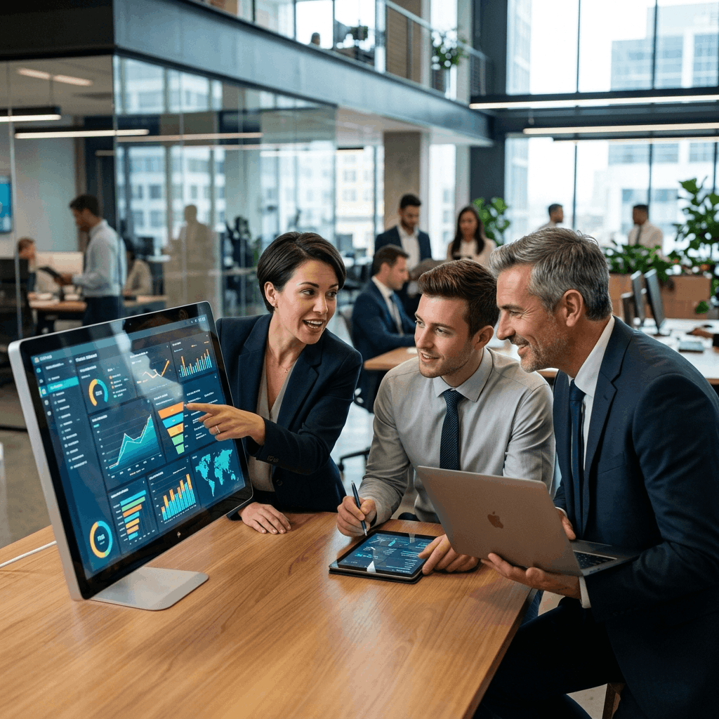 Sales professionals collaborating efficiently using a cloud-based CRM dashboard