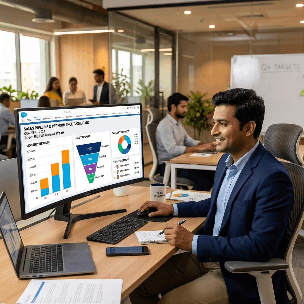 Sales professional using CRM dashboard to manage pipeline and customer relationships