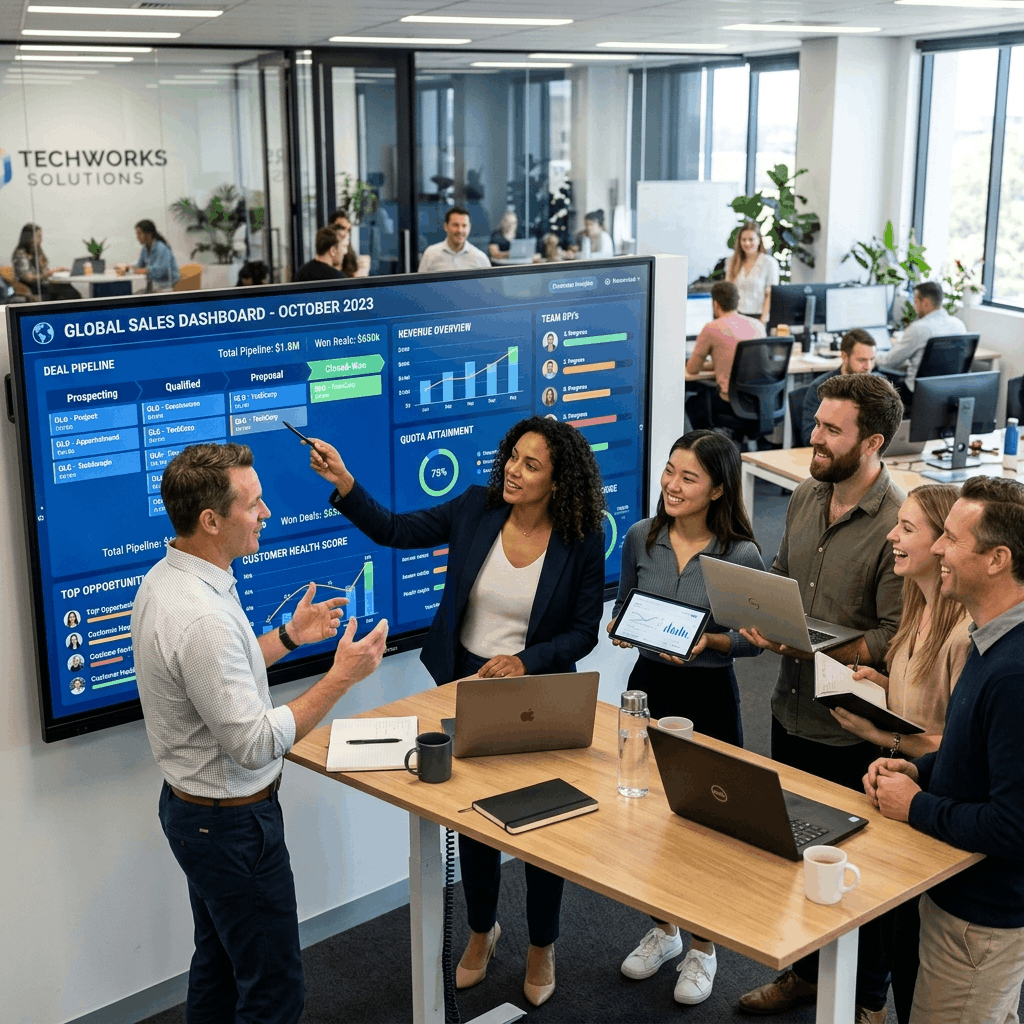 Dynamic sales team collaborating around a large, highly customized CRM dashboard showing customer insights