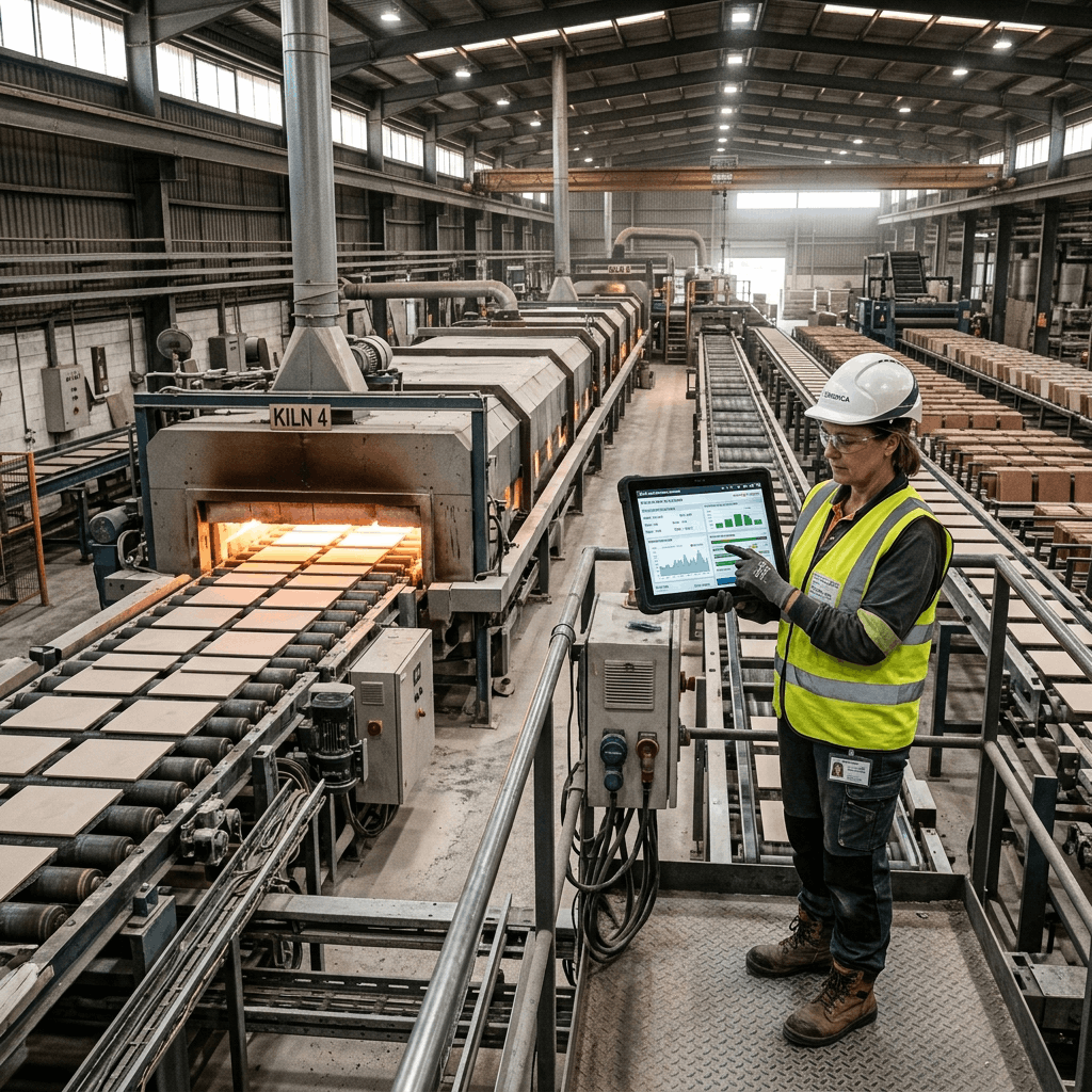 Ceramic manufacturing factory floor showing kilns and tiles integrated with a digital ERP dashboard