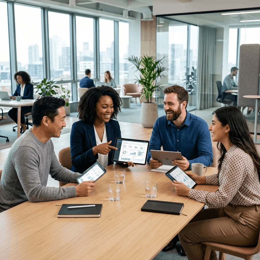 Empowered employees collaborating effectively using a cloud-based ERP solution on tablets