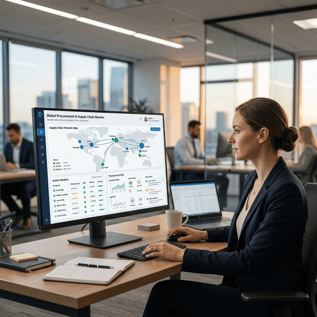 Realistic modern corporate setting showing enterprise software dashboard displaying vendor interactions and supply chain nodes