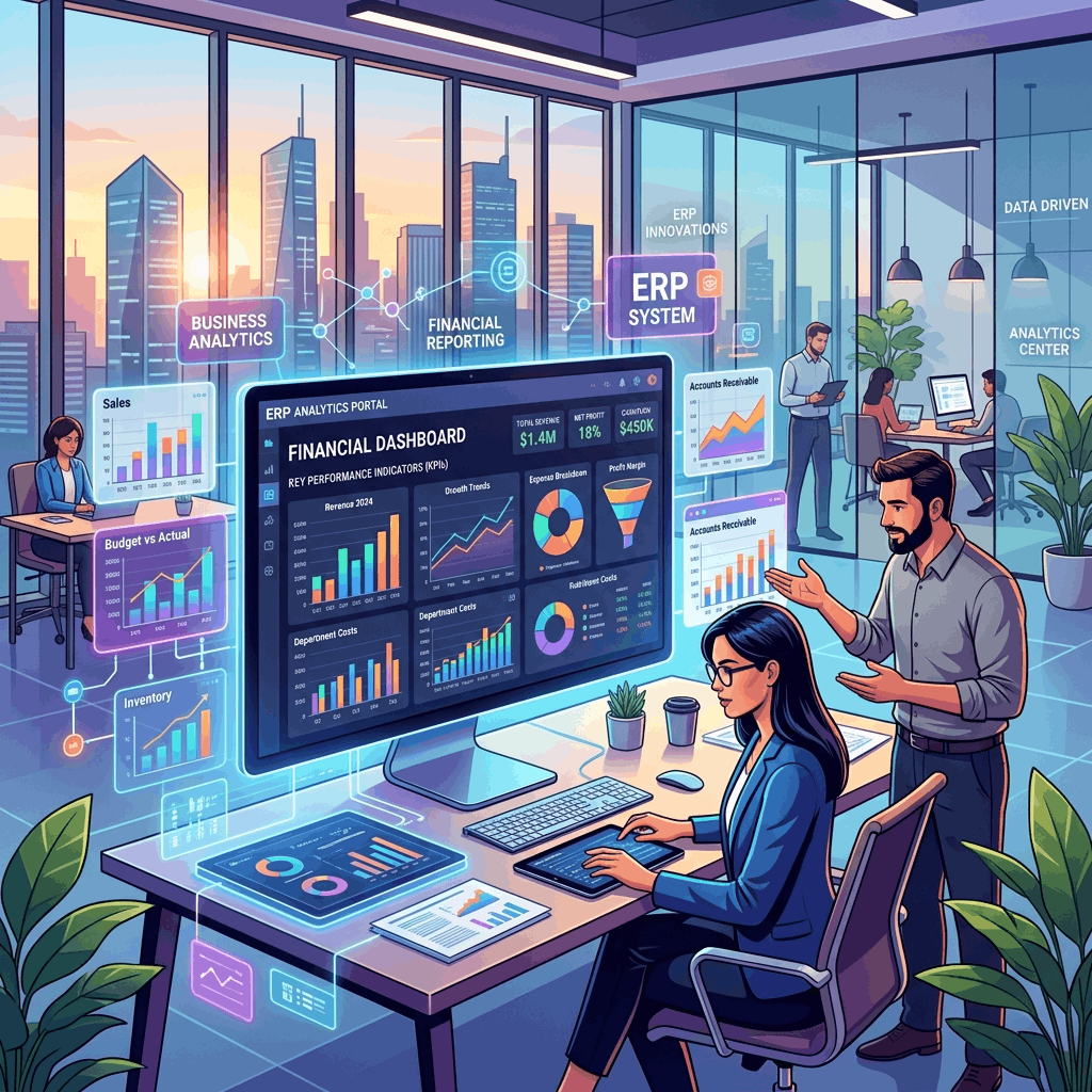 Financial dashboard showing live profit margins, general ledger entries, and automated accounting