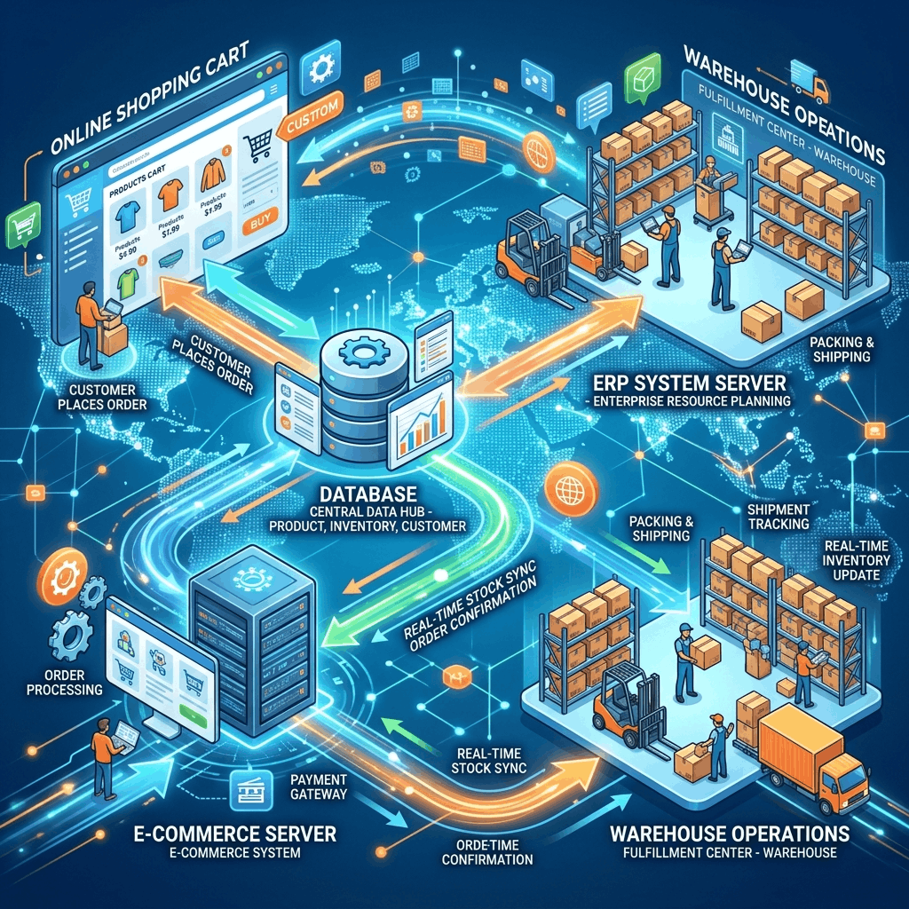 Digital network bridging a modern e-commerce storefront with a robust backend ERP database