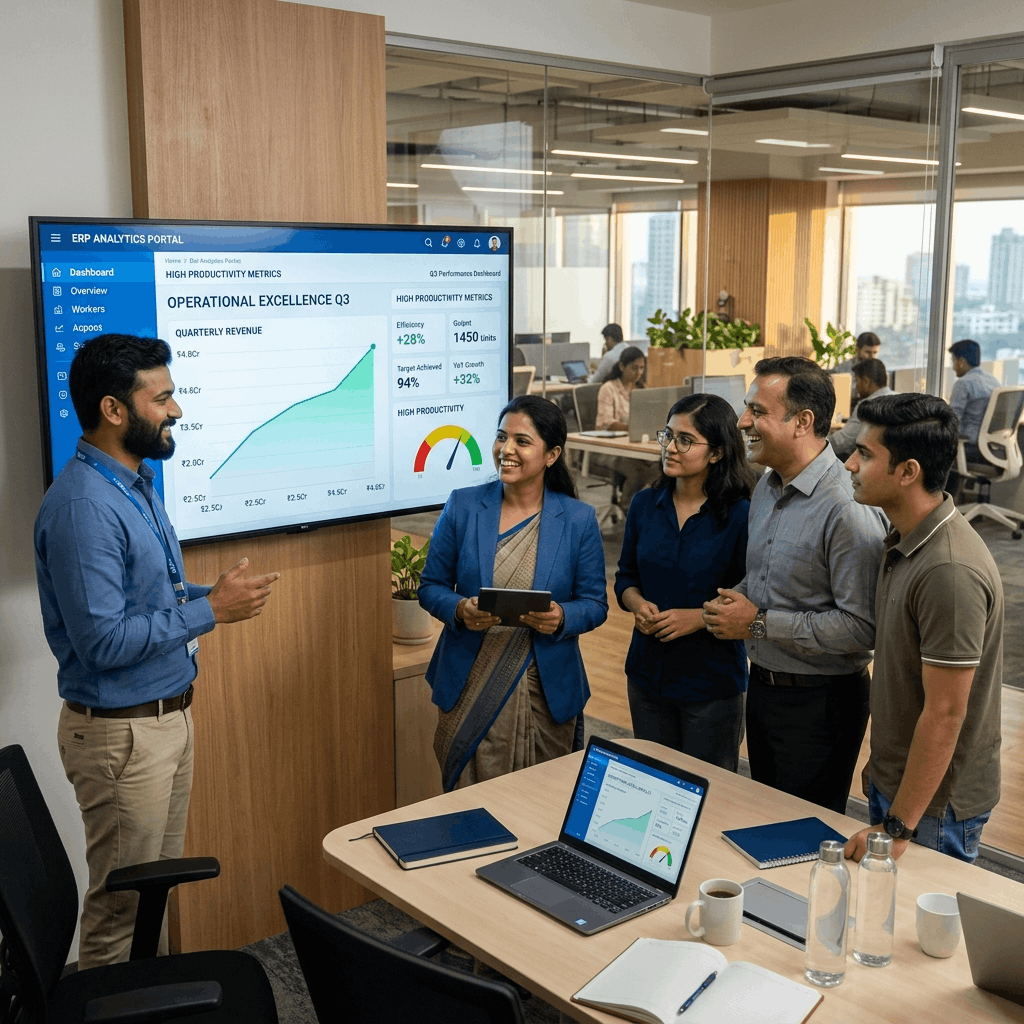 Team of professionals celebrating high productivity metrics on a large ERP dashboard screen