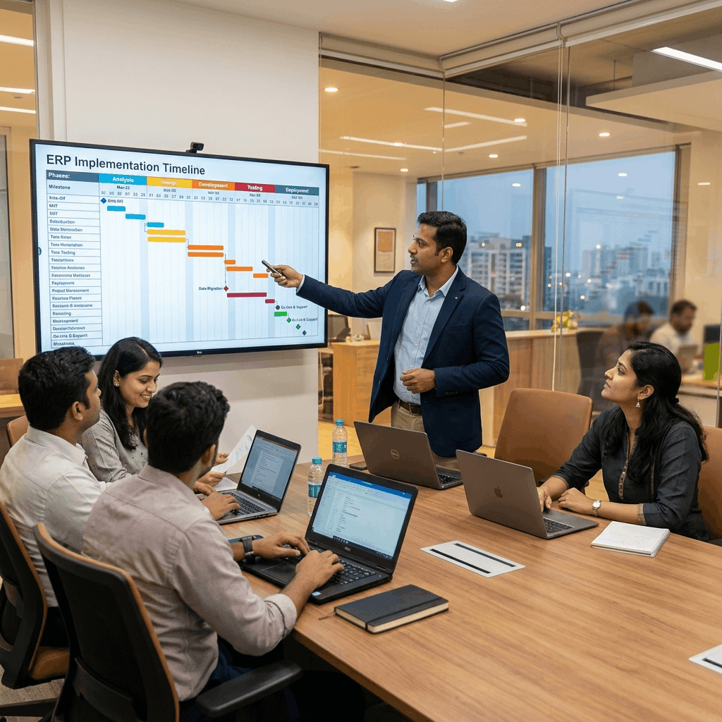 Project management team looking at a whiteboard tracking the stages of a cloud ERP software implementation