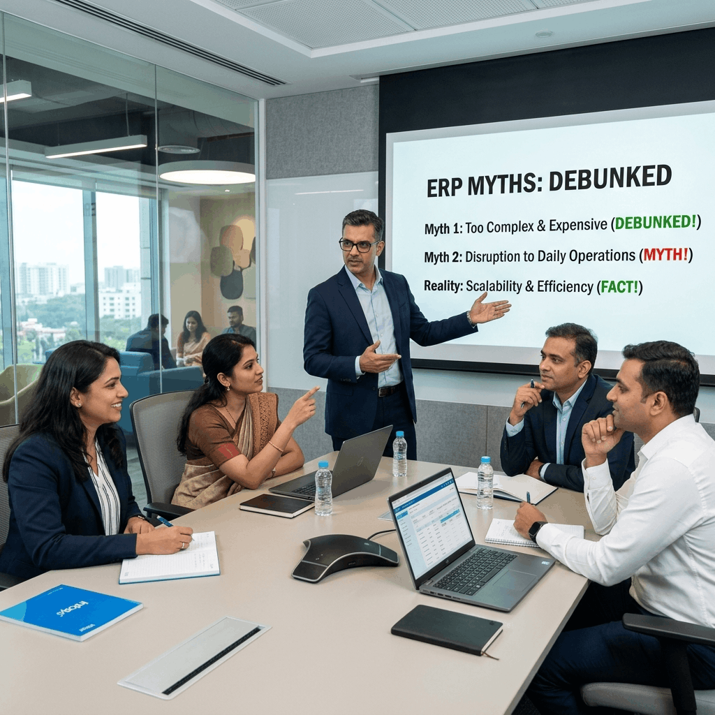 Indian business executives debunking ERP myths in a boardroom with ERP software demonstration on screen