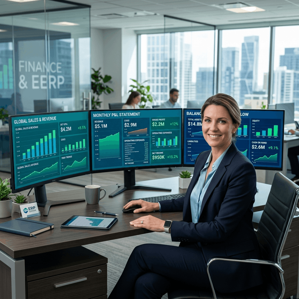 Modern corporate dashboard displaying financial charts and enterprise resource planning analytics