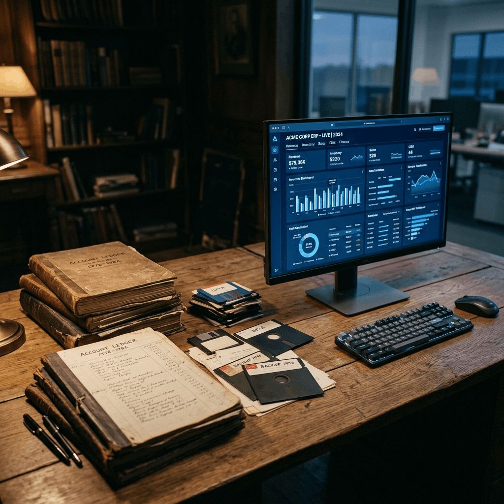 Futuristic timeline showing the evolution of enterprise software into modern AI cloud platforms