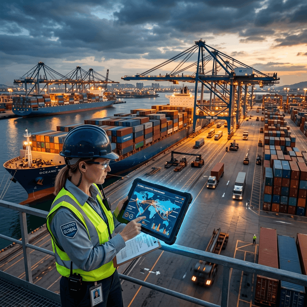 A logistics manager at a bustling international shipping port looking at a glowing digital global CRM dashboard showing trade routes