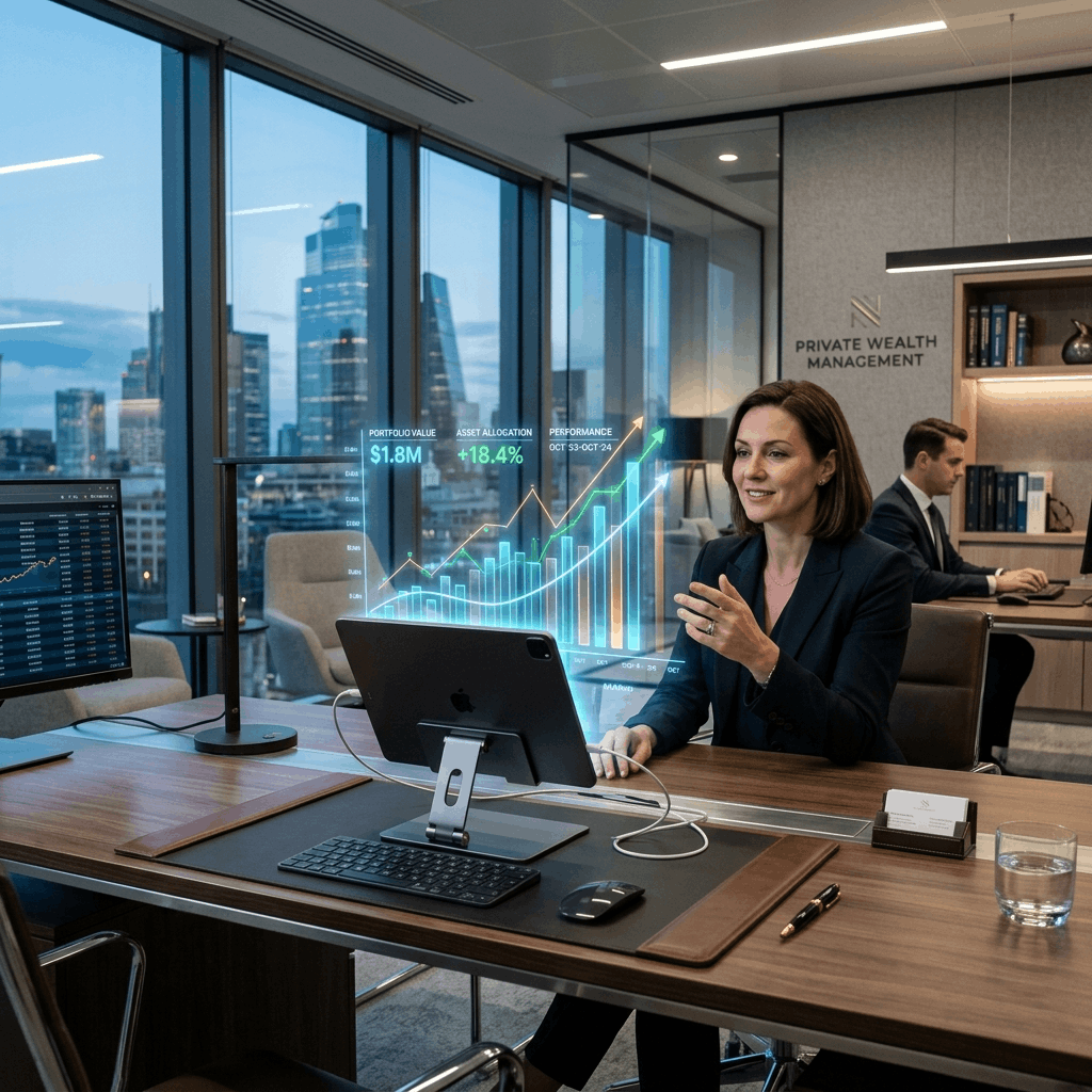 A glowing digital graph showing financial growth rising out of a modern tablet on a sleek desk in a wealth management office