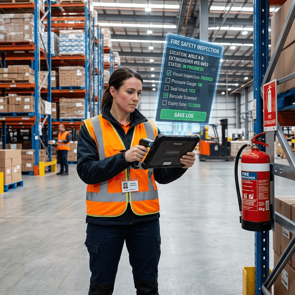 A fire safety inspector in a high-vis vest scanning a fire extinguisher barcode with a rugged tablet in a large modern warehouse