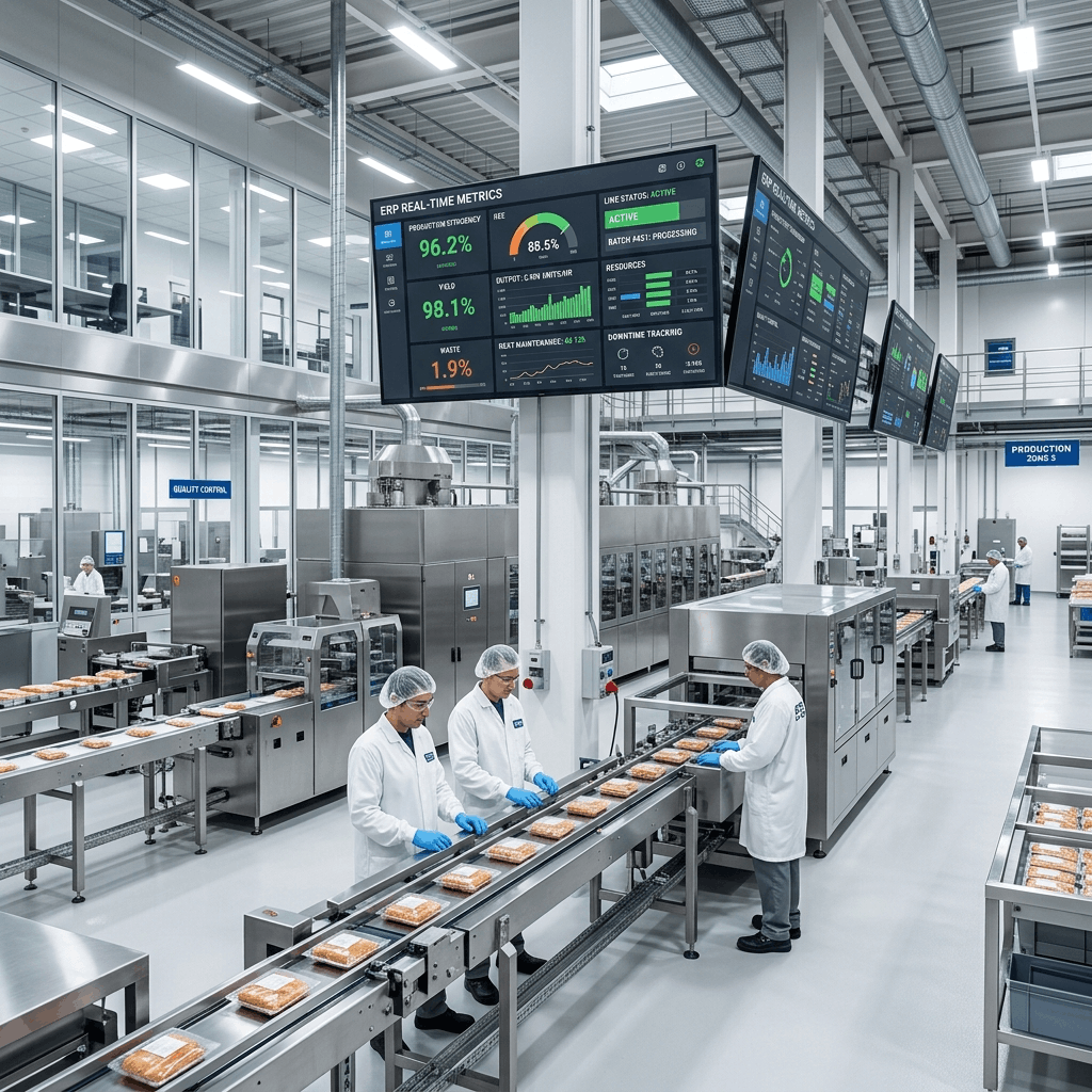 Modern food manufacturing facility with digital dashboards showing real-time ERP metrics and productivity data