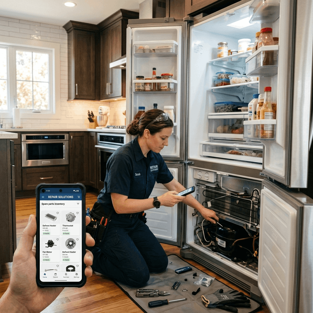 A service technician repairing an open refrigerator in a modern kitchen while checking a digital spare parts inventory on a smartphone