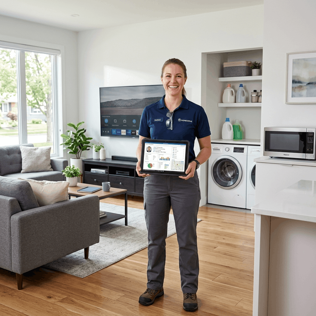 A professional technician in a clean uniform standing in a modern home living room surrounded by appliances, holding a tablet displaying a CRM dashboard