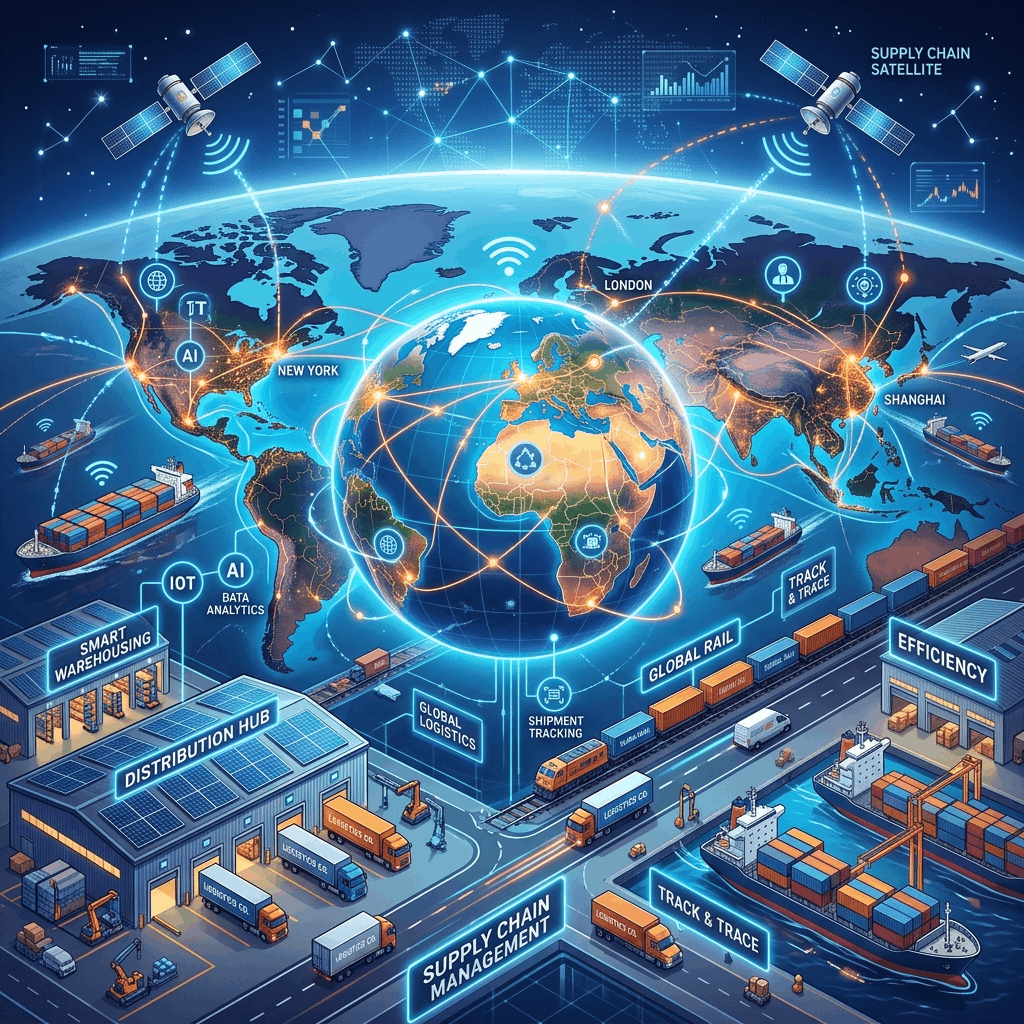Global supply chain network visualized with digital nodes across shipping routes