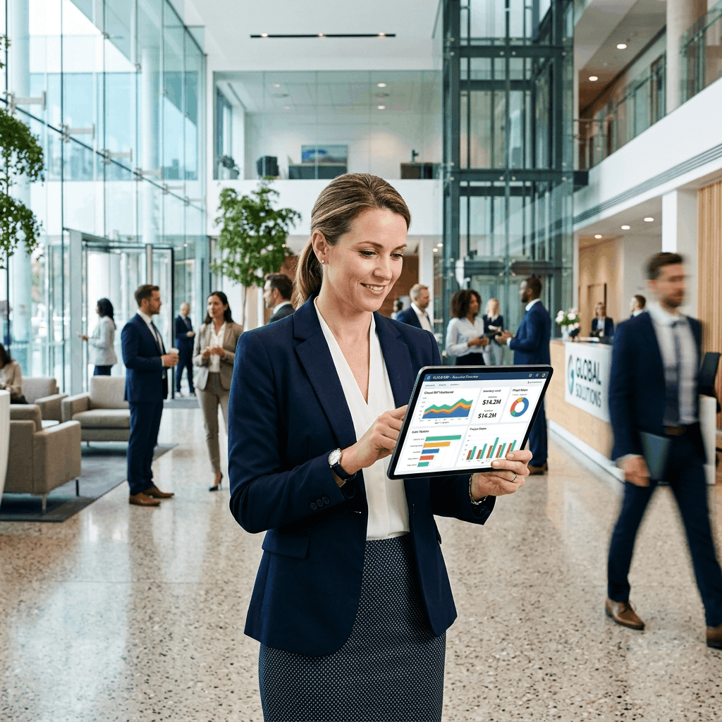 Employees from different departments collaborating effectively using a shared Cloud ERP dashboard