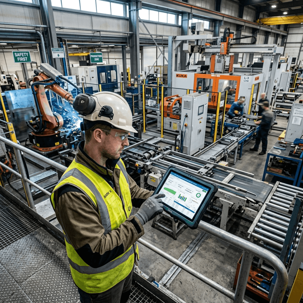 Manufacturing executive reviewing production analytics on a tablet next to modern factory equipment