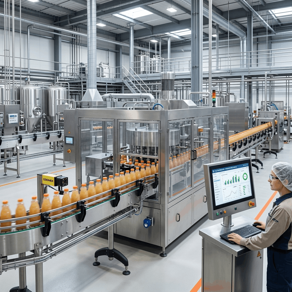 Modern food processing facility with automated quality control dashboards