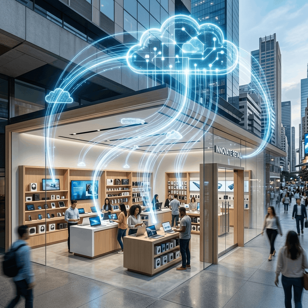 Modern retail store connected digitally to an e-commerce platform via cloud software