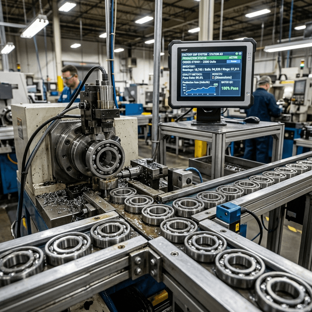 Precision steel bearings being inspected by advanced digital manufacturing tools