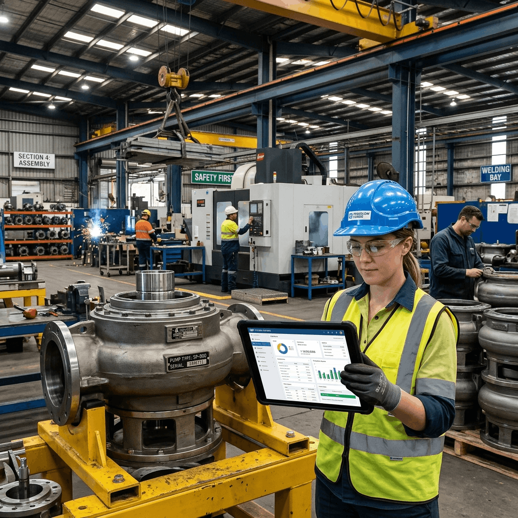 Engineer working on an industrial submersible pump with digital manufacturing metrics overlaid