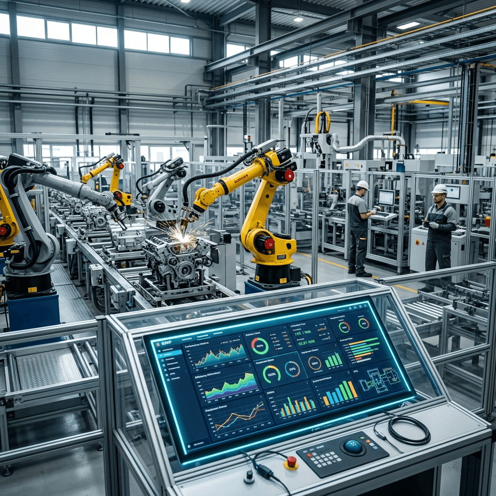 Modern automated manufacturing floor showing real-time dashboard tracking waste reduction and production efficiency