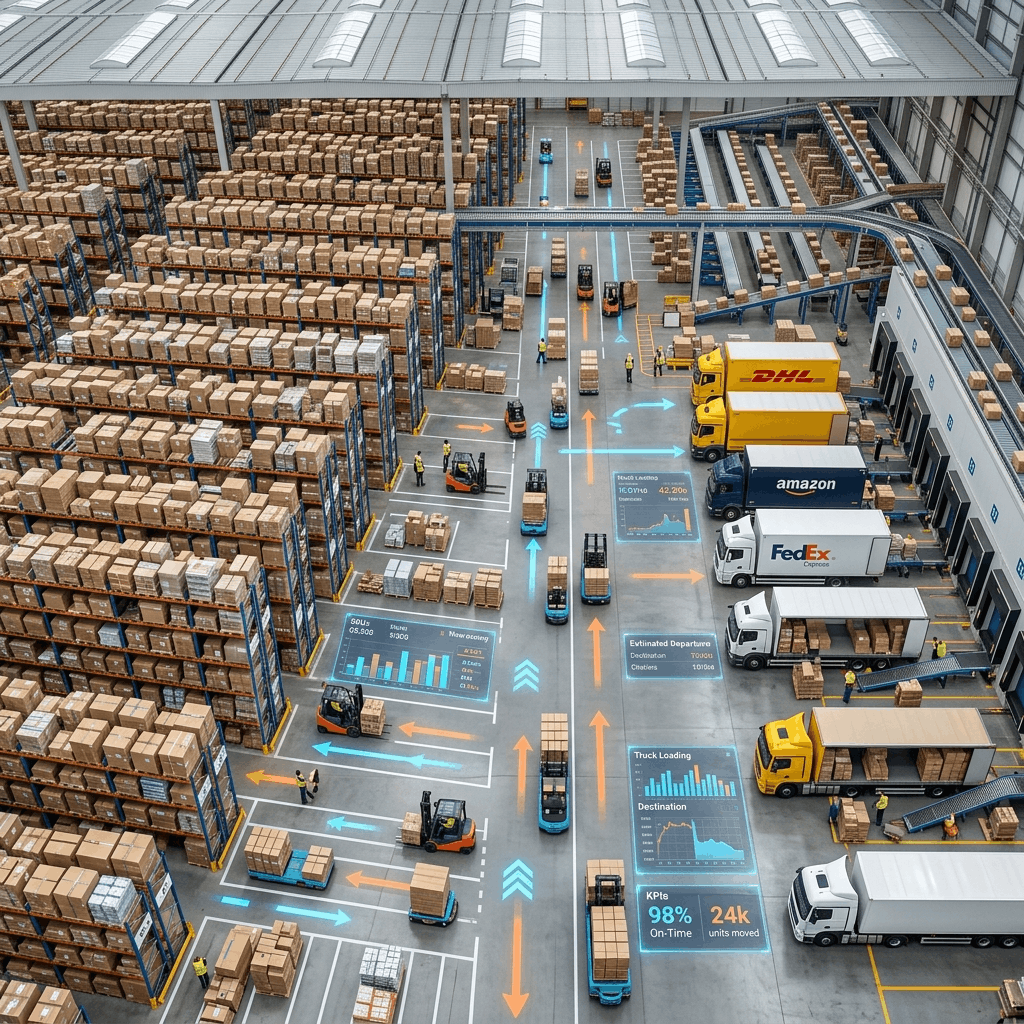 Financial dashboard showing reduced supply chain costs and increased profit margins via ERP software