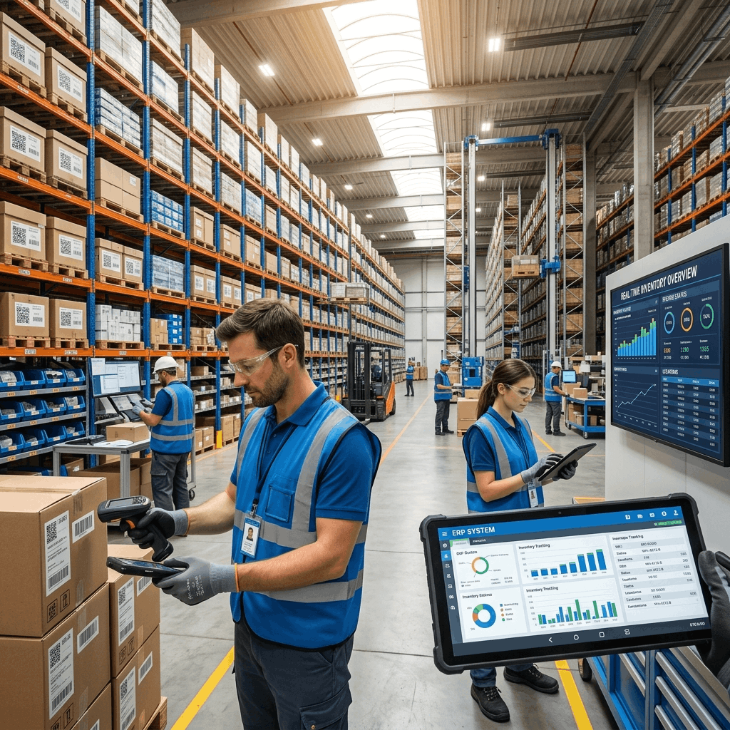 Logistics manager overseeing a complex, automated supply chain network from a digital command center