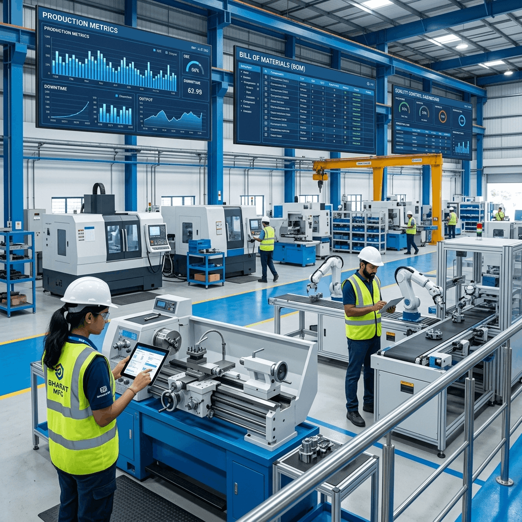 Engineer reviewing key manufacturing ERP features and production metrics on a dual-monitor workstation